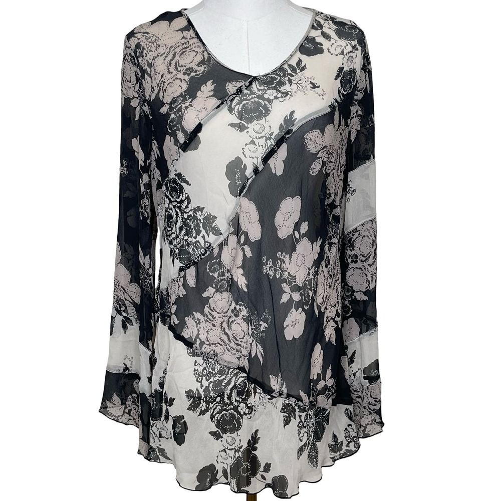 Vintage Spenser Jeremy Blouse 1X Black White Silk Floral Sheer Bell Sleeve Y2K